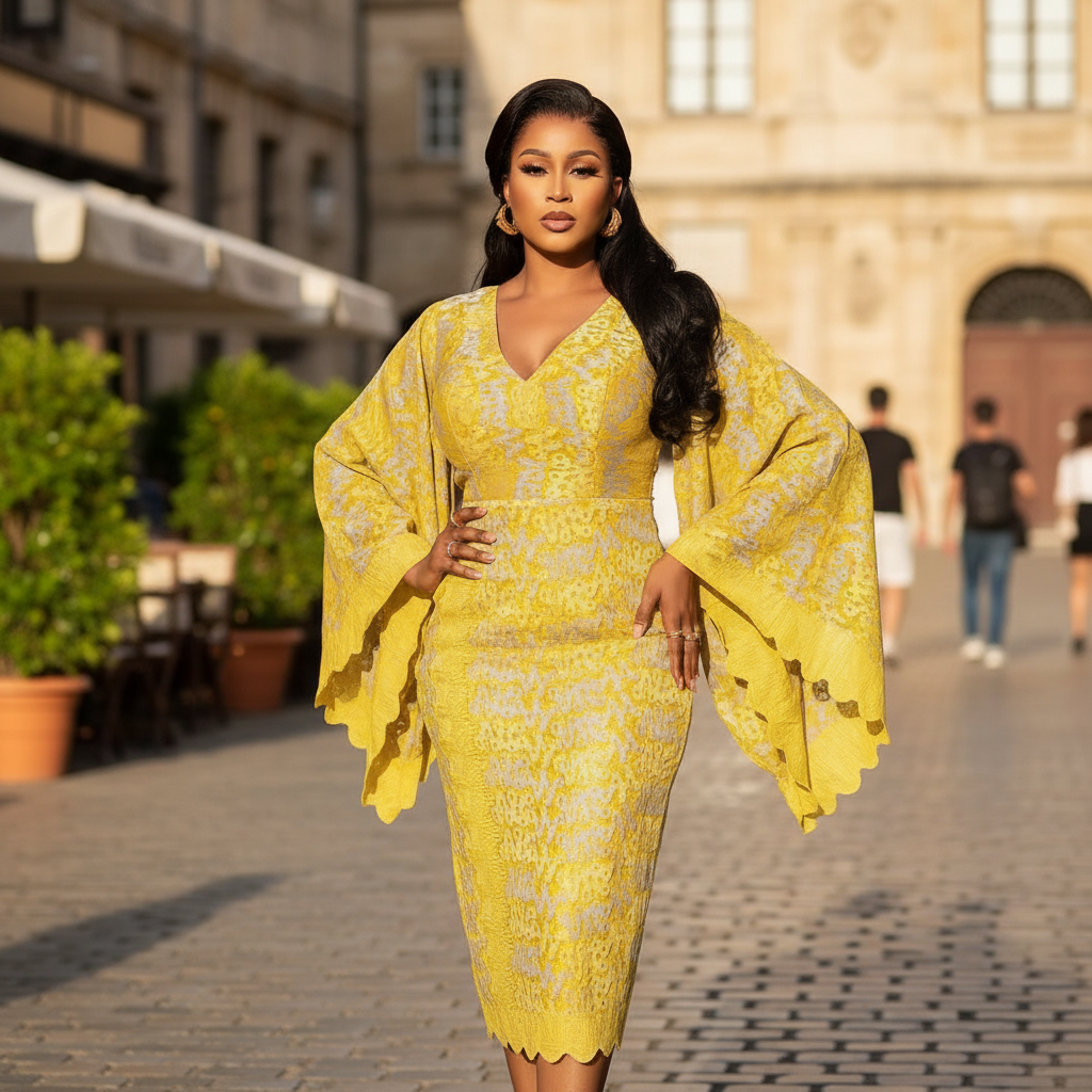 Robe femme jaune soleil avec manches évasées