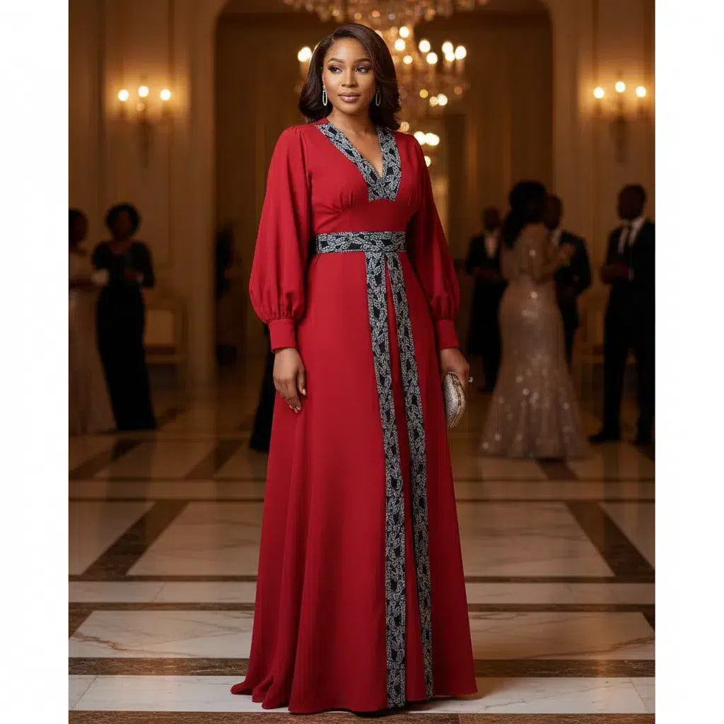 Robe rouge femme élégante longue, chic cérémonie soirée avec ceinture