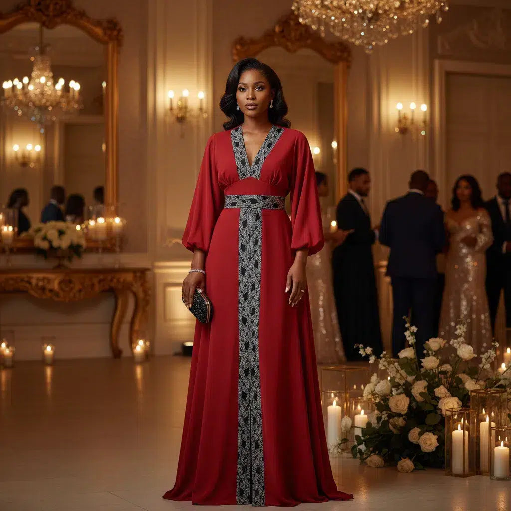 Robe rouge femme élégante longue, chic cérémonie soirée avec ceinture