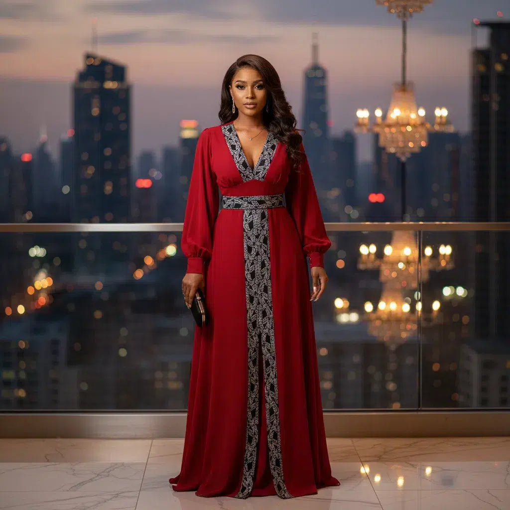 Robe rouge femme élégante longue, chic cérémonie soirée avec ceinture