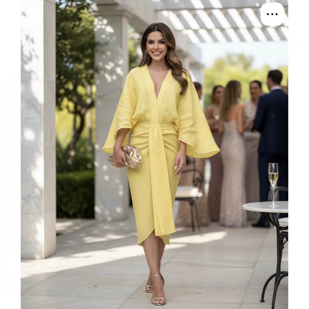Robe cocktail jaune clair élégante – Robe longue chic cérémonie femme