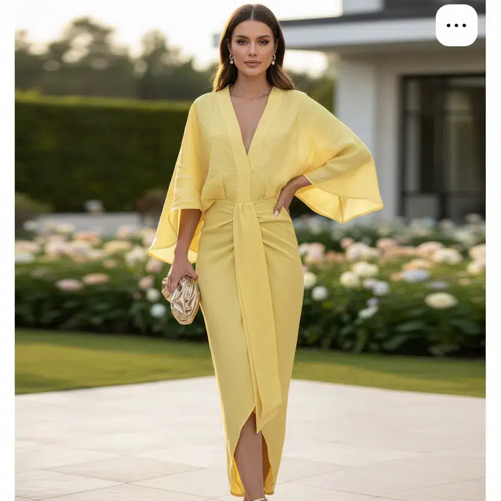 Robe cocktail jaune clair élégante – Robe longue chic cérémonie femme