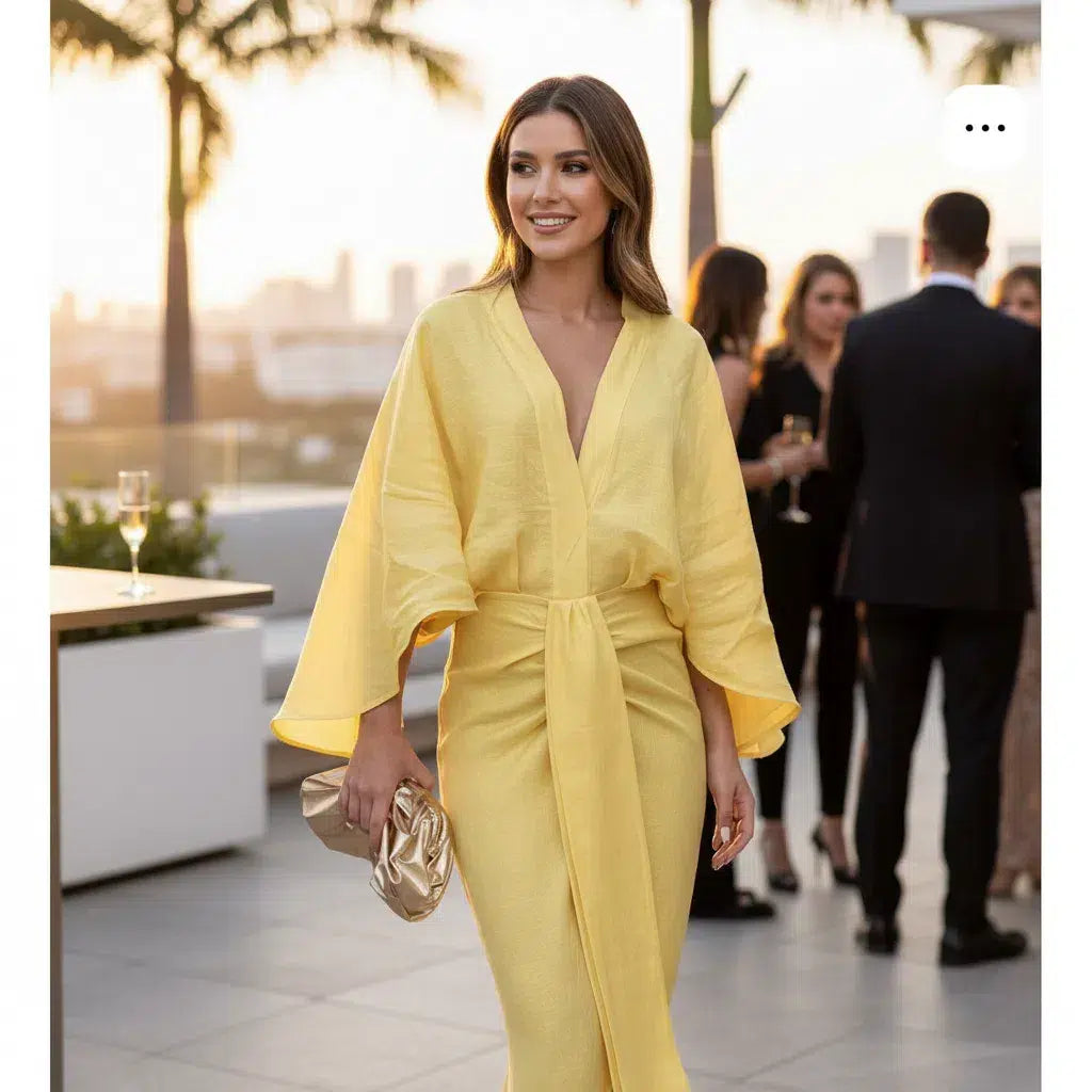 Robe cocktail jaune clair élégante – Robe longue chic cérémonie femme
