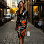 Robe en soie femme élégante – Robe florale noire rouge dorée, chic soirée