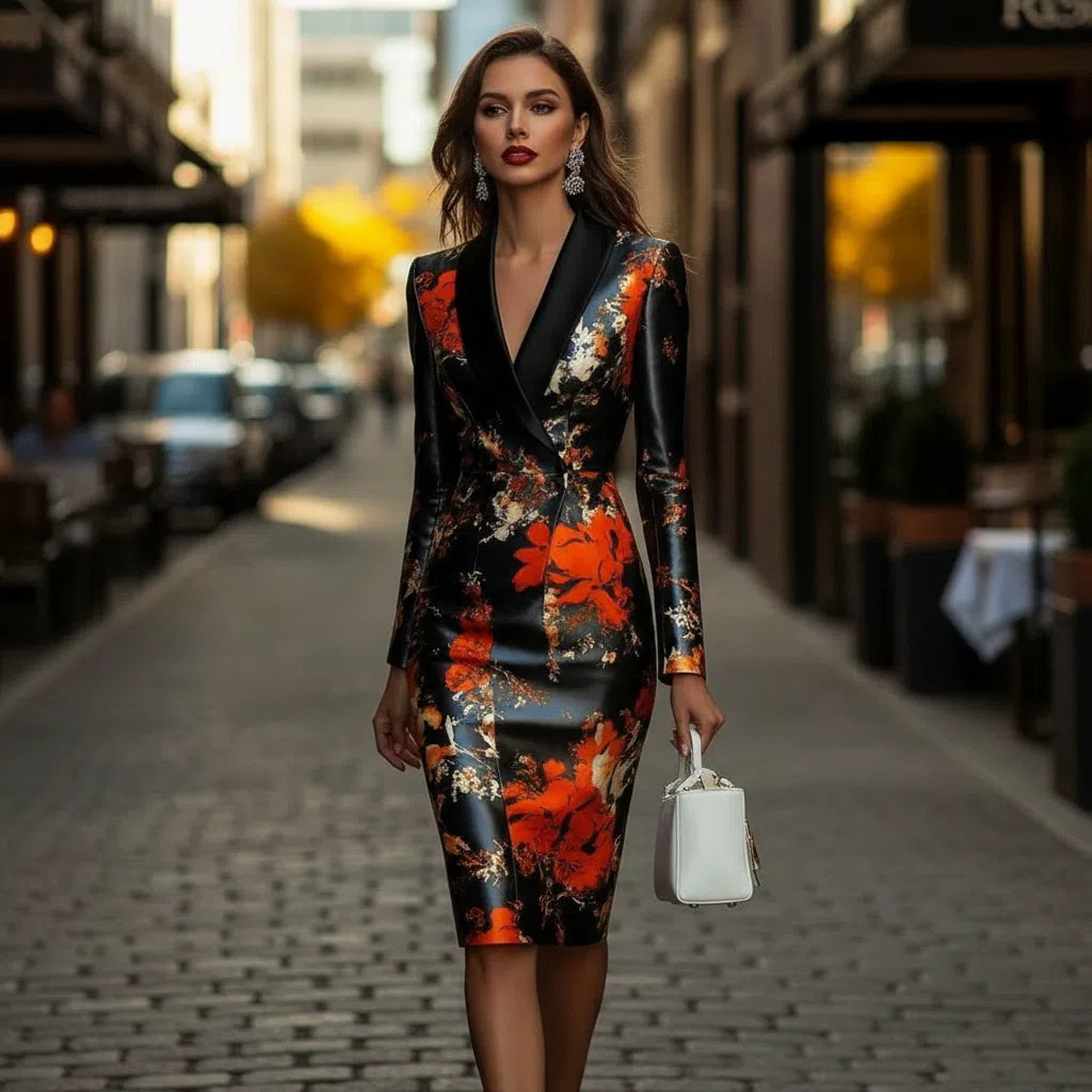 Robe en soie femme élégante – Robe florale noire rouge dorée, chic soirée