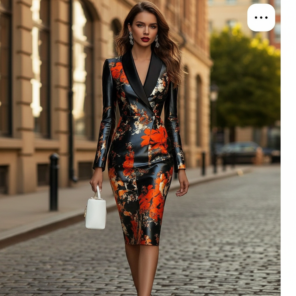 Robe en soie femme élégante – Robe florale noire rouge dorée, chic soirée