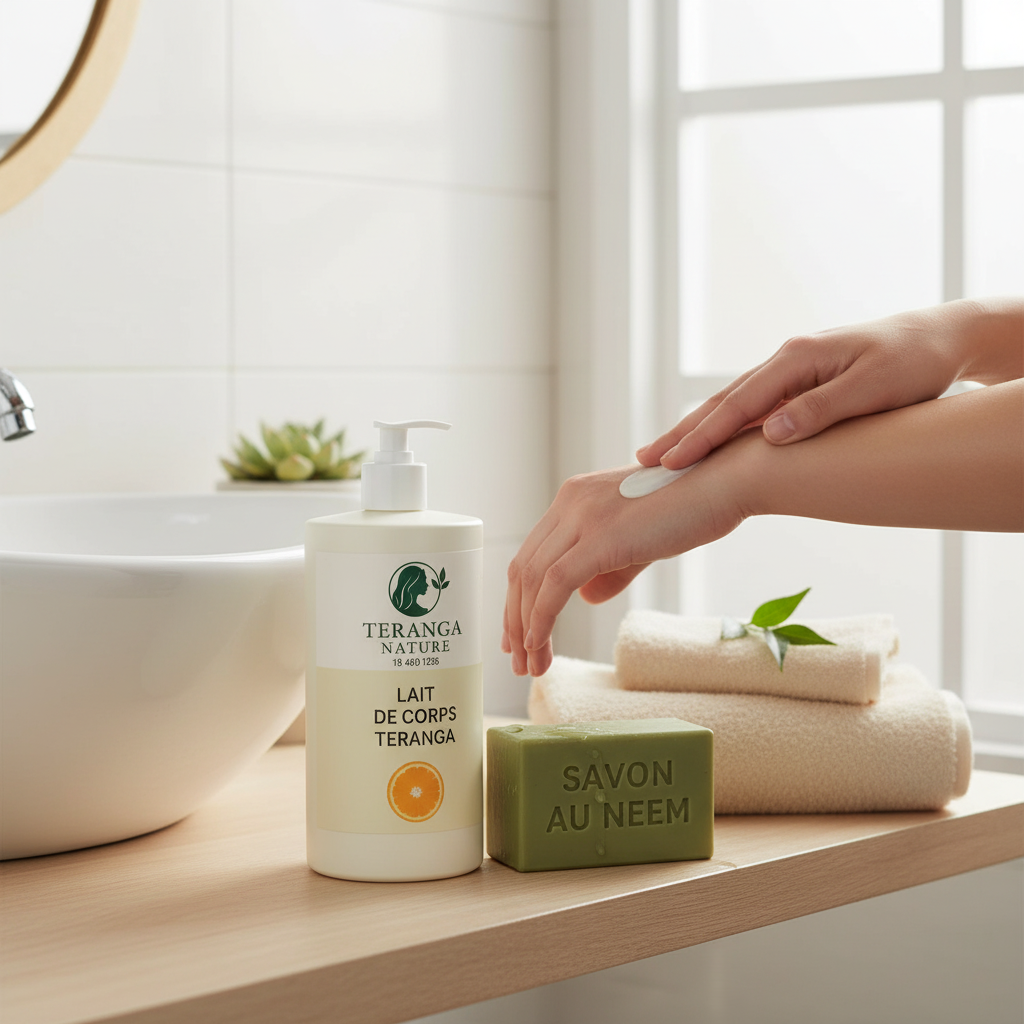 Gamme corporelle naturelle Teranga : routine glow up, savons & lait hydratant