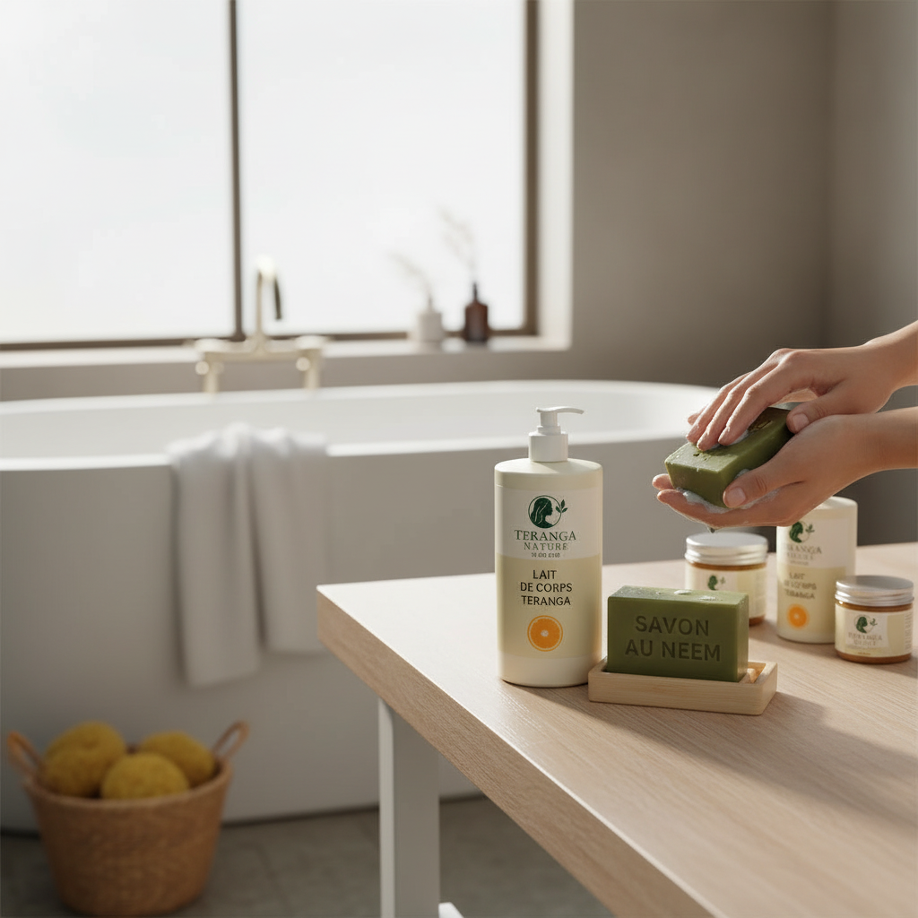 Gamme corporelle naturelle Teranga : routine glow up, savons & lait hydratant