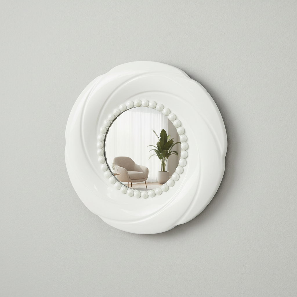 Miroir blanc design rond 40cm de diamètre – Miroir mural décoratif cadre perlé élégant