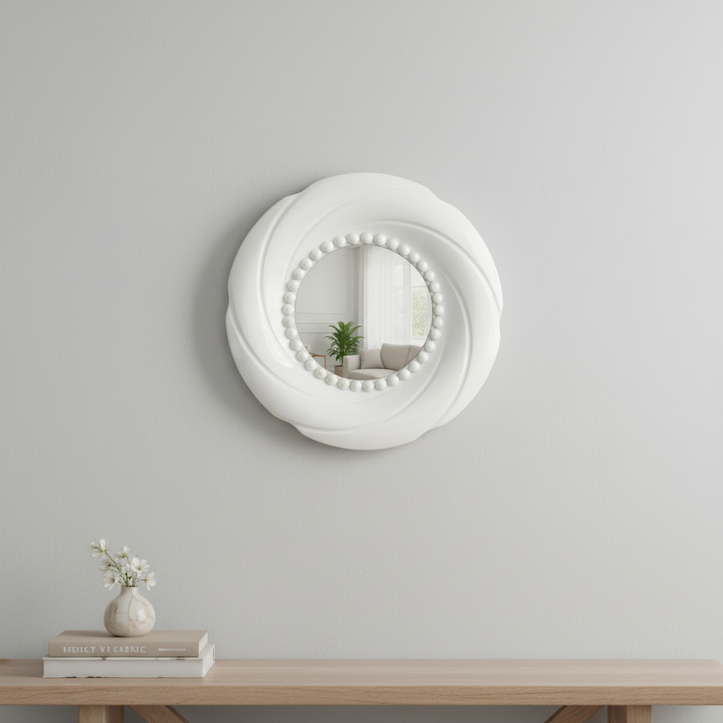 Miroir blanc design rond 40cm de diamètre – Miroir mural décoratif cadre perlé élégant