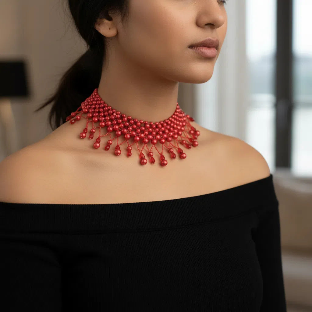 Collier Ras de Cou Perles Rouge Artisanal - Élégance et Charme Unique