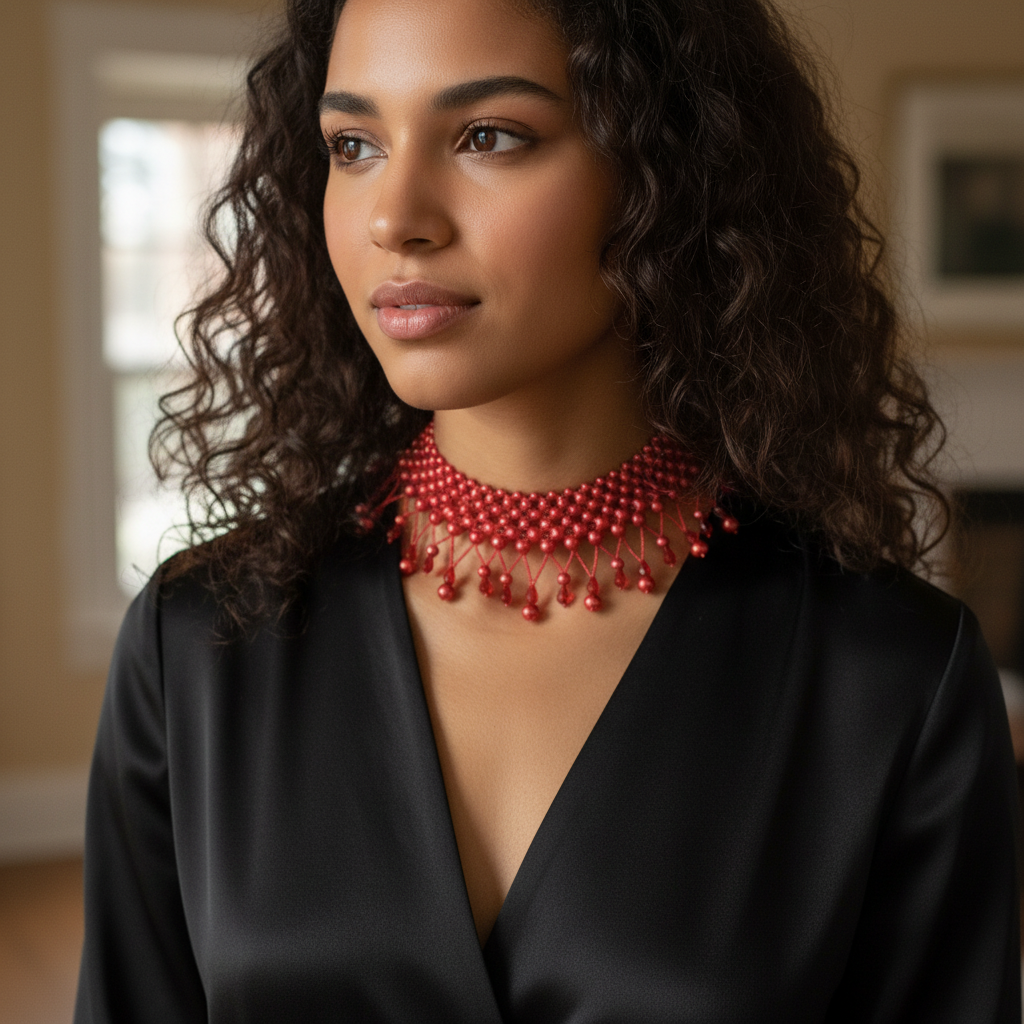Collier Ras de Cou Perles Rouge Artisanal - Élégance et Charme Unique