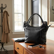 Sac à main cuir femme fait main noir, élégant, double lanière, artisanal