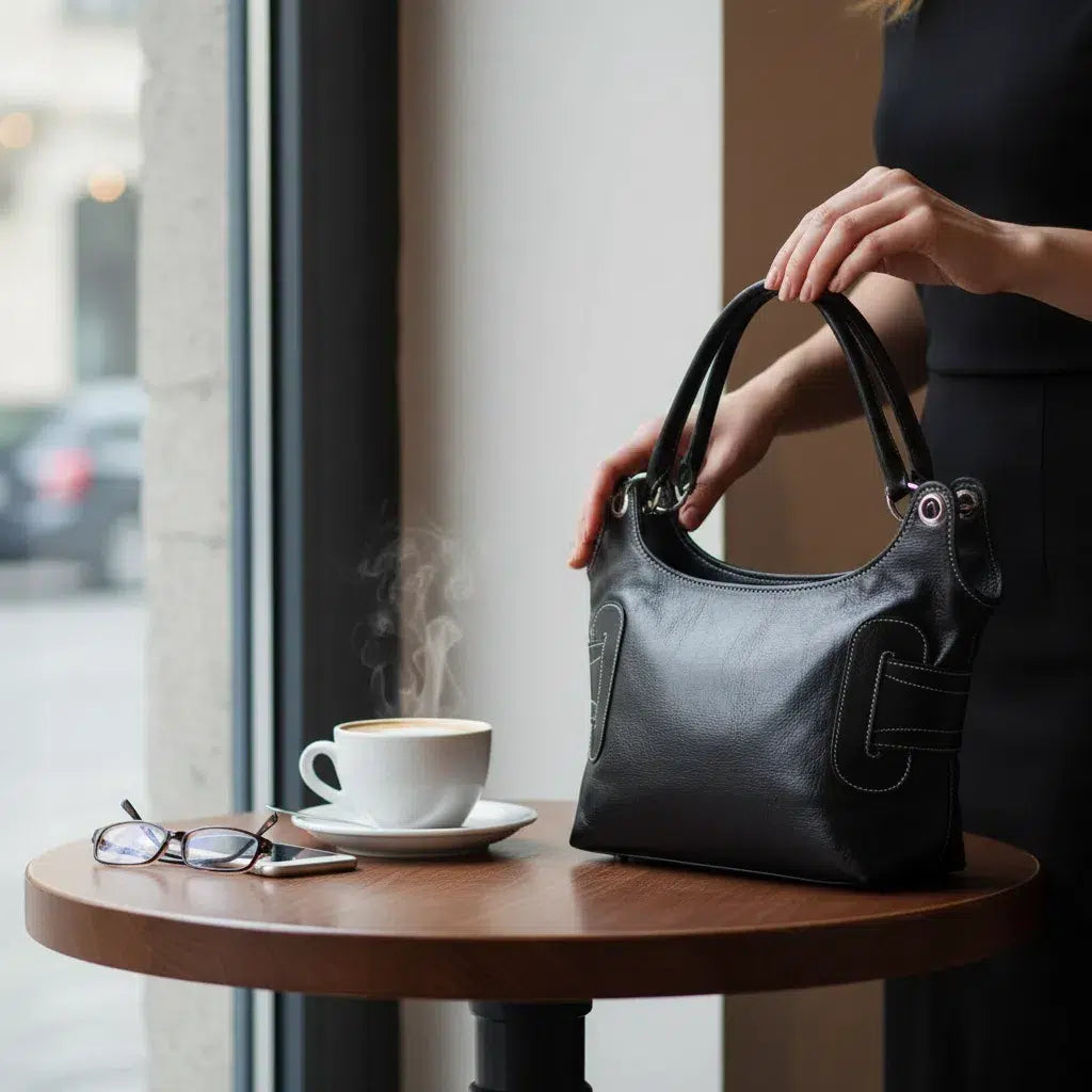 Sac à main cuir femme fait main noir, élégant, double lanière, artisanal