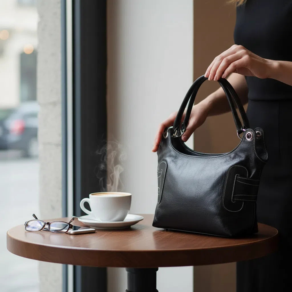 Sac à main cuir femme fait main noir, élégant, double lanière, artisanal