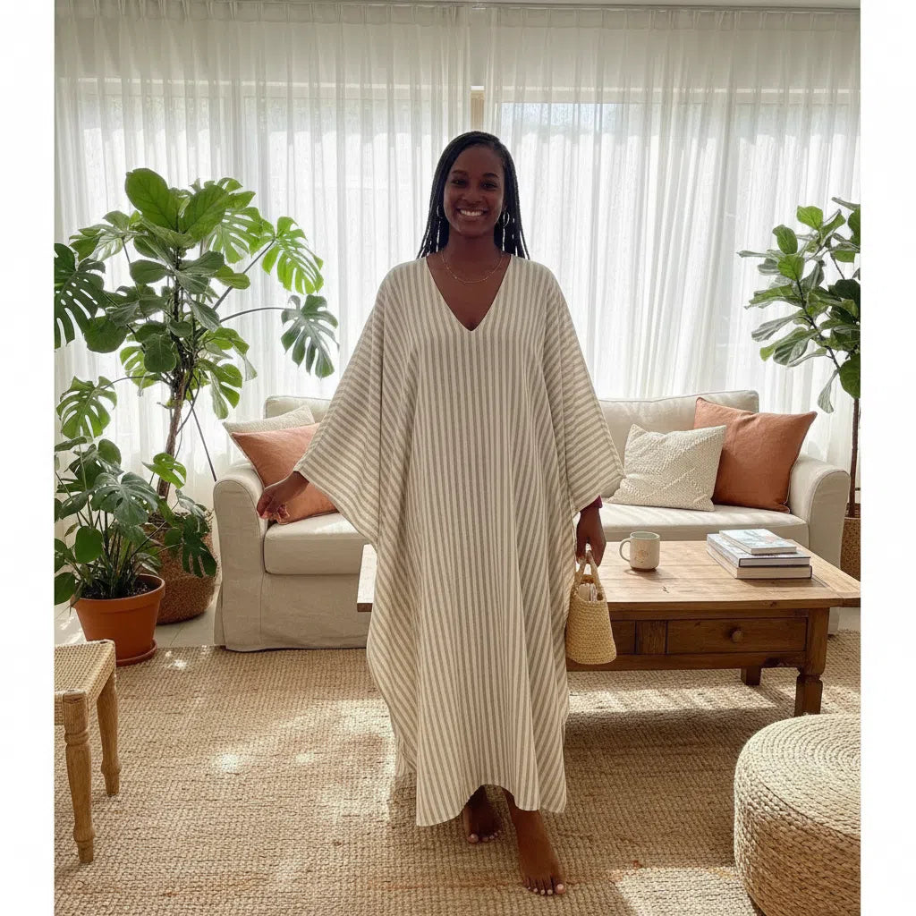 Robe d’été femme beige longue bohème ample coton, confortable et chic