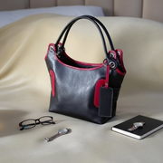 Sac à main cuir femme fait main noir et rouge, élégant, double lanière, artisanal