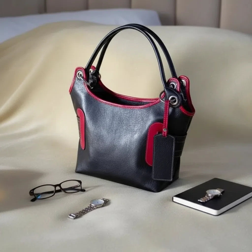 Sac à main cuir femme fait main noir et rouge, élégant, double lanière, artisanal