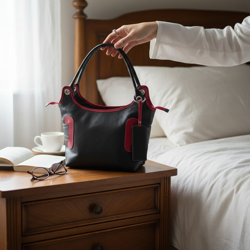 Sac à main cuir femme fait main noir et rouge, élégant, double lanière, artisanal