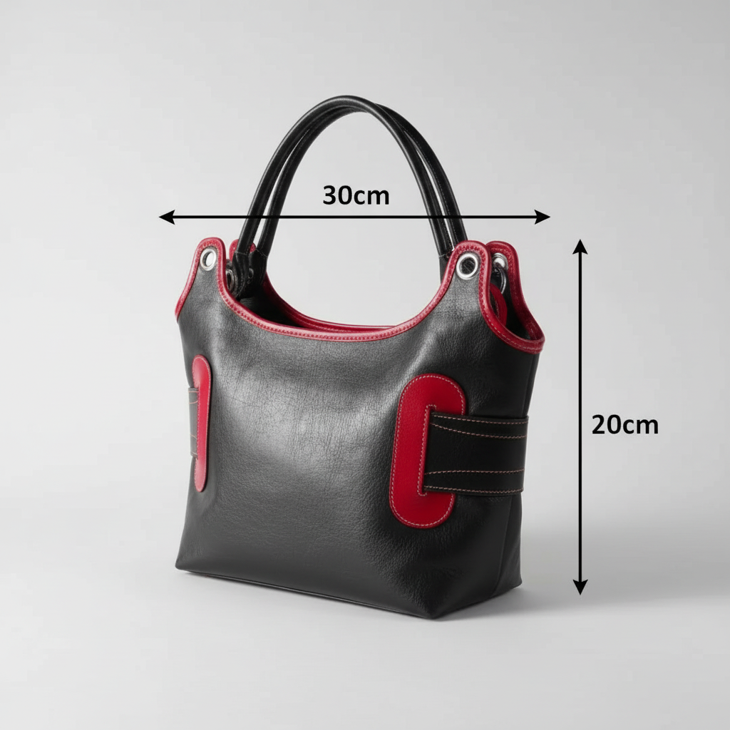 Sac à main cuir femme fait main noir et rouge, élégant, double lanière, artisanal