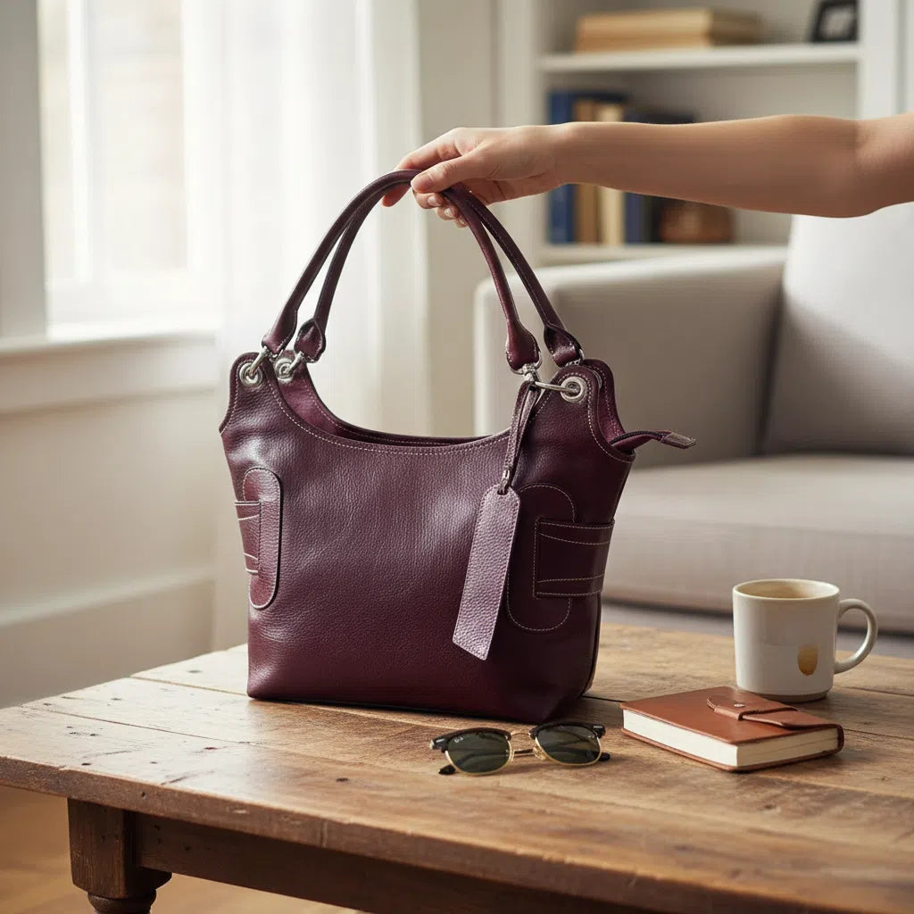 Sac à main cuir femme fait main rouge violet, élégant, double lanière, artisanal