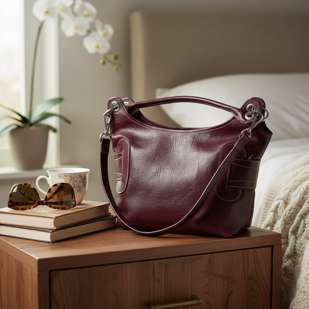 Sac à main cuir femme fait main rouge violet, élégant, double lanière, artisanal