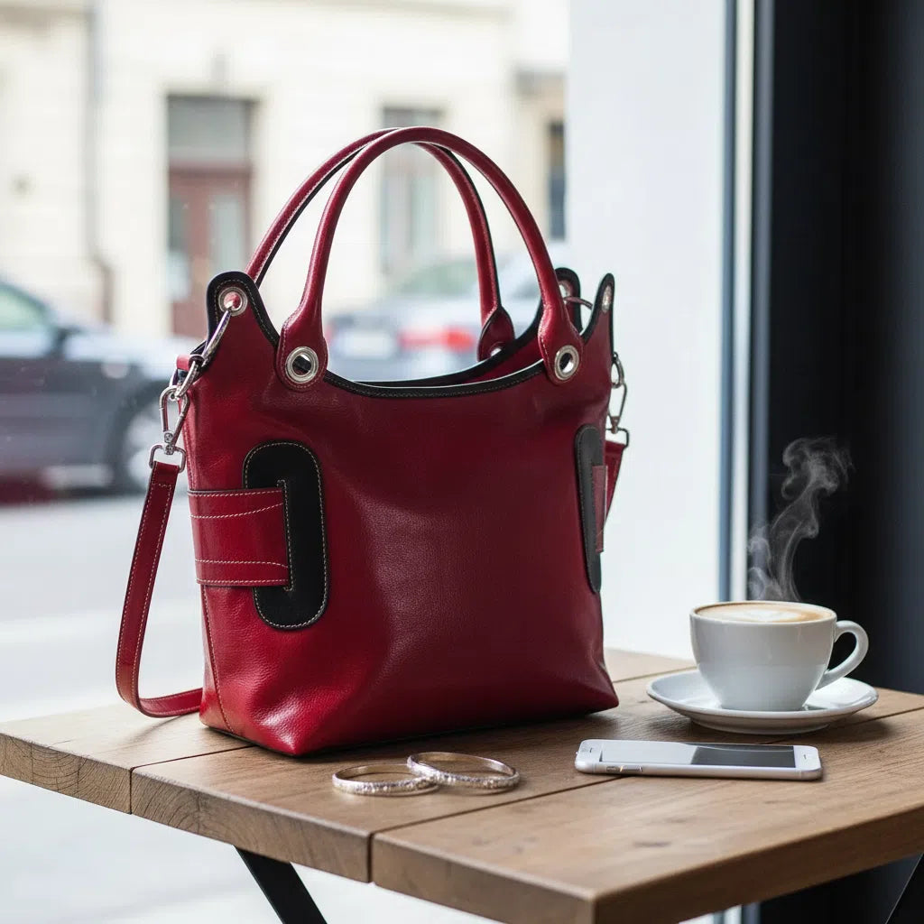 Sac à main cuir femme fait main rouge, élégant, double lanière, artisanal