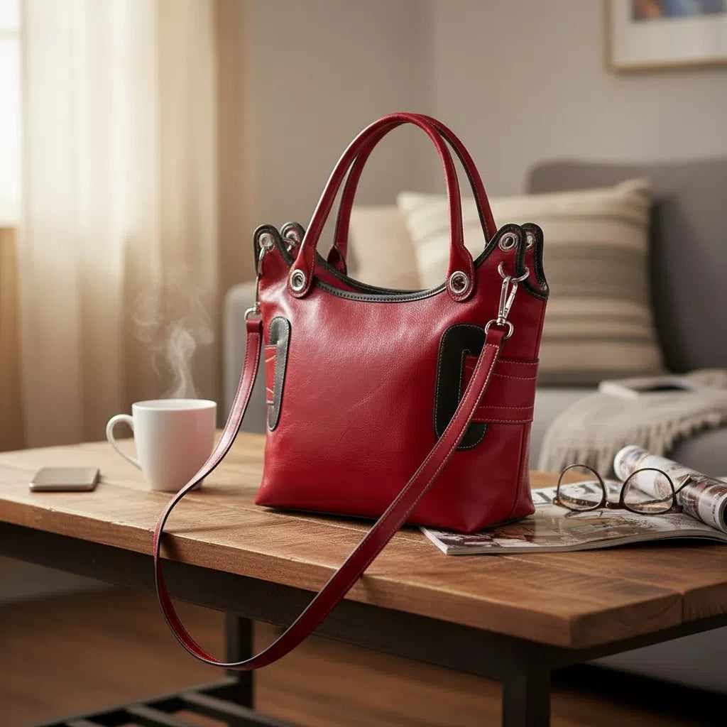 Sac à main cuir femme fait main rouge, élégant, double lanière, artisanal