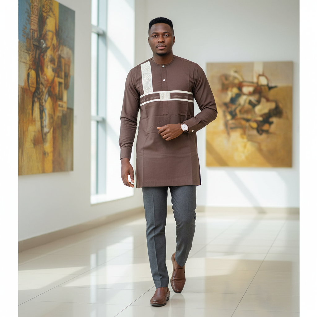 Chemise homme élite en pagne tissé marron