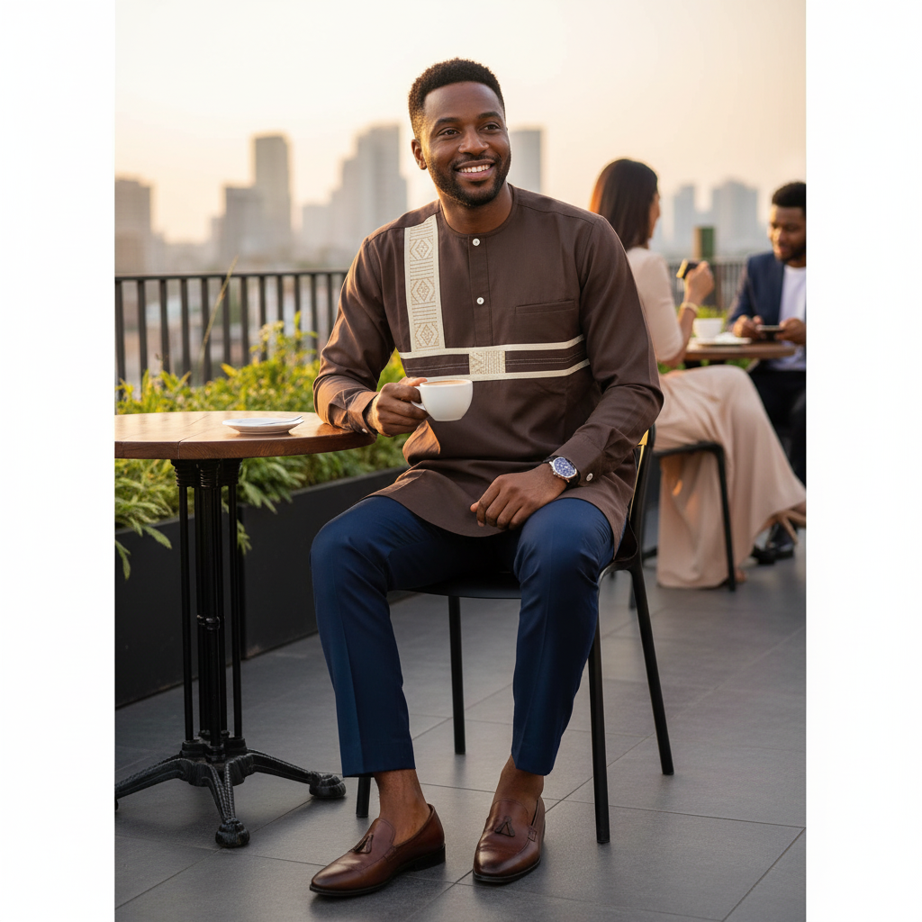 Chemise homme élite en pagne tissé marron