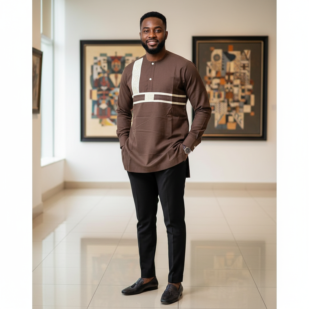 Chemise homme élite en pagne tissé marron