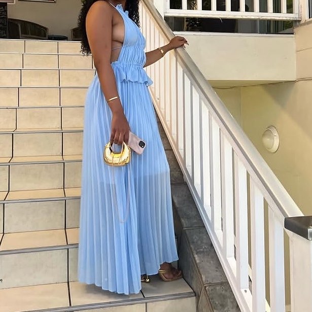 Robe longue femme élégante bleu ciel, chic plissée cérémonie et soirée