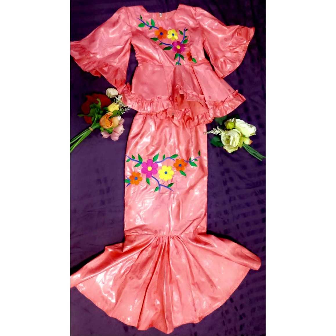 Ensemble cérémonie fille 9 ans orange foncé, jupe et haut floral chic