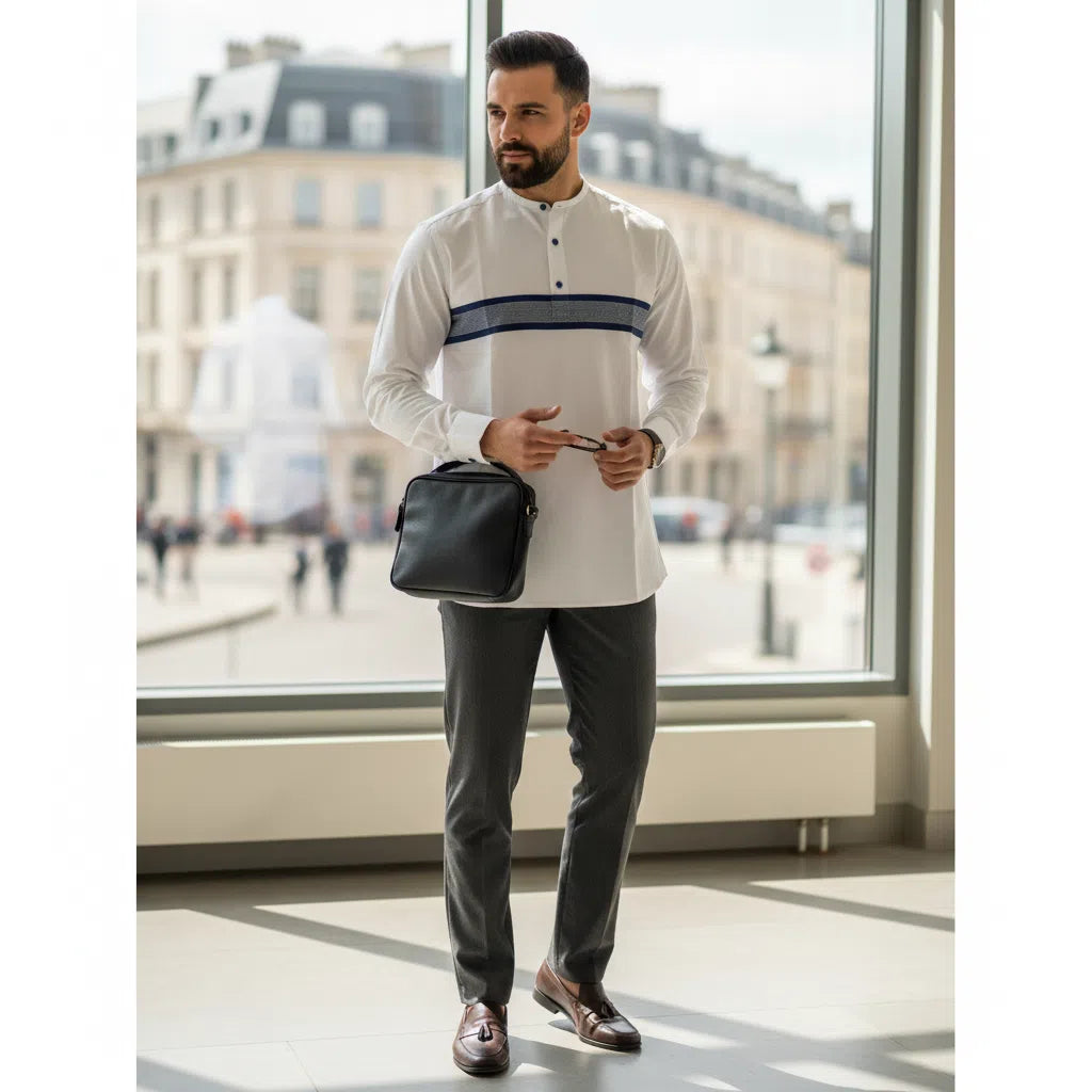 Chemise homme coton blanche col Mao bleu