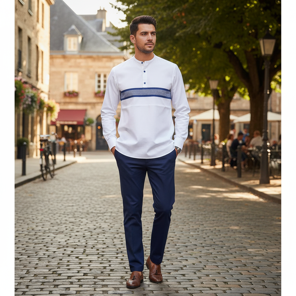 Chemise homme coton blanche col Mao bleu