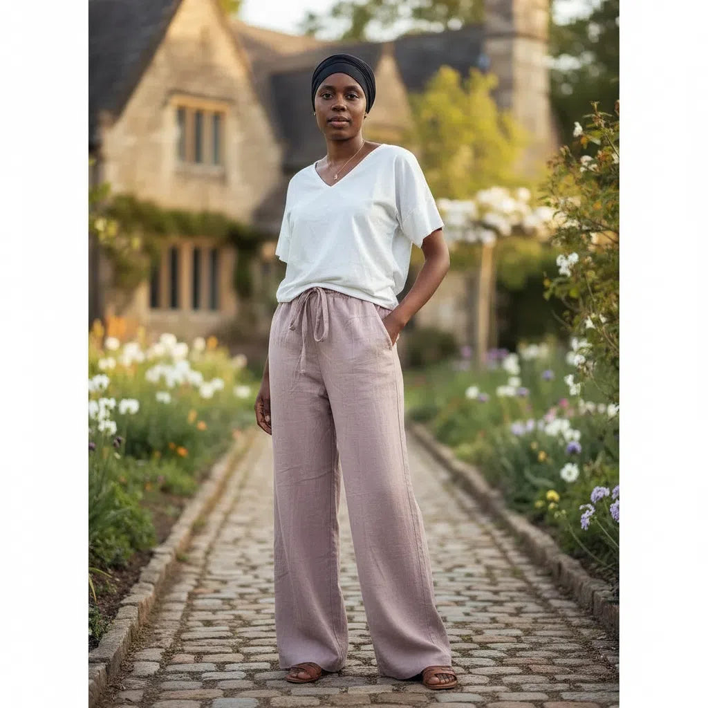 Pantalon large femme rose poudré en coton lin en taille standard