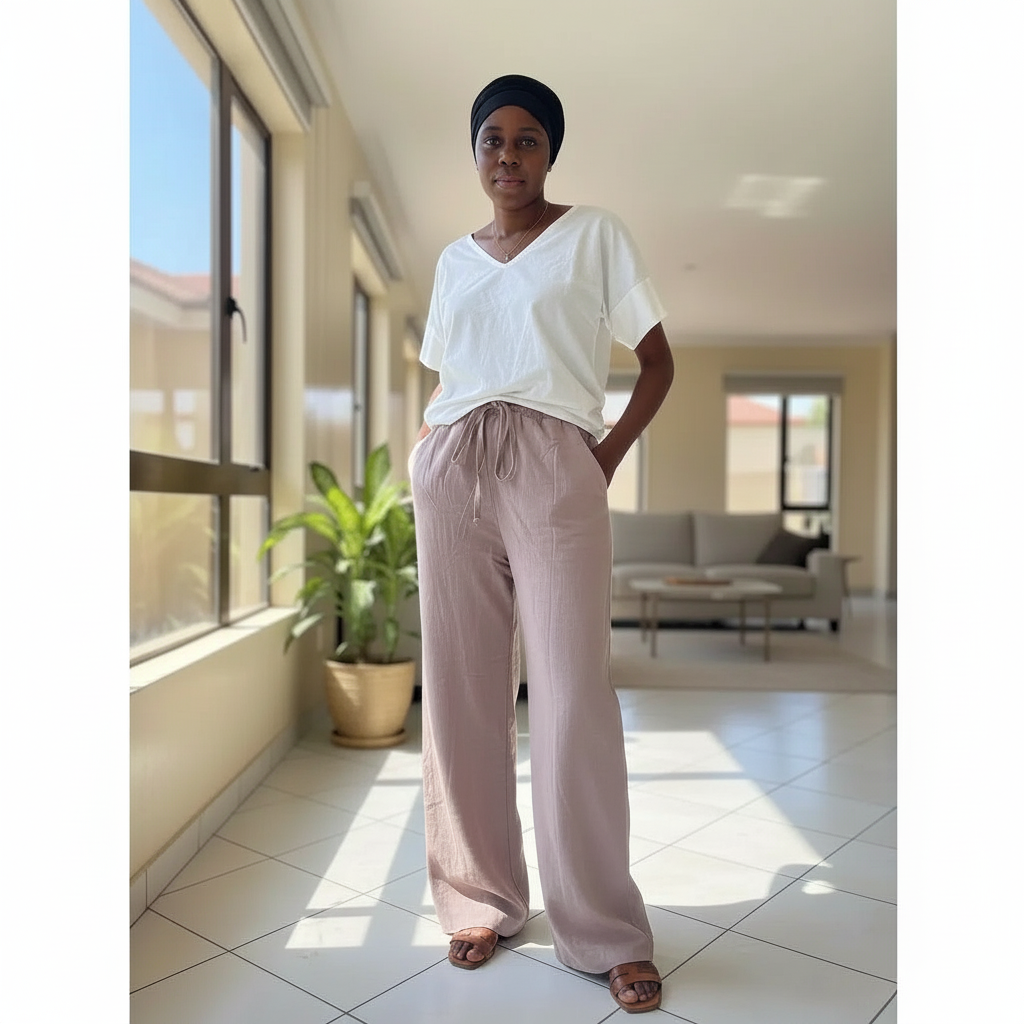 Pantalon large femme rose poudré en coton lin en taille standard