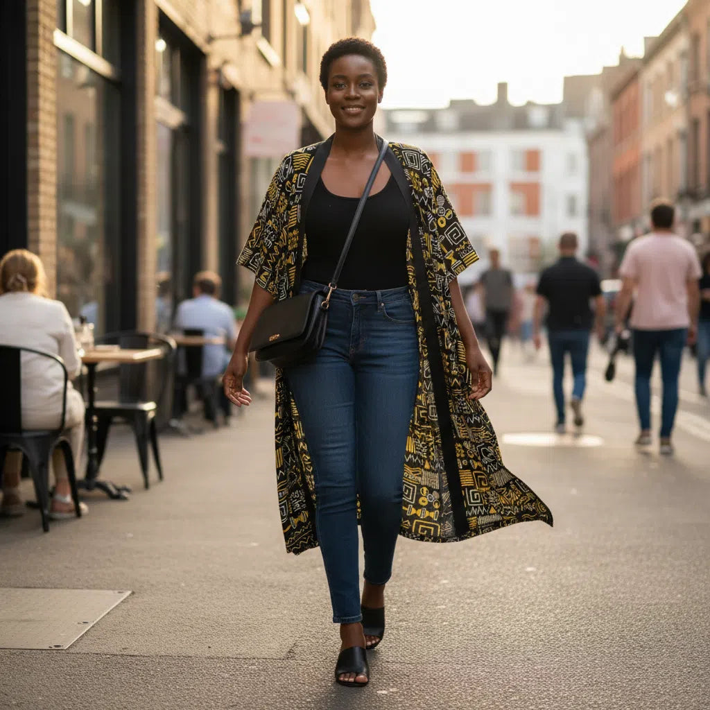 Kimono femme imprimé noir et jaune avec design africain