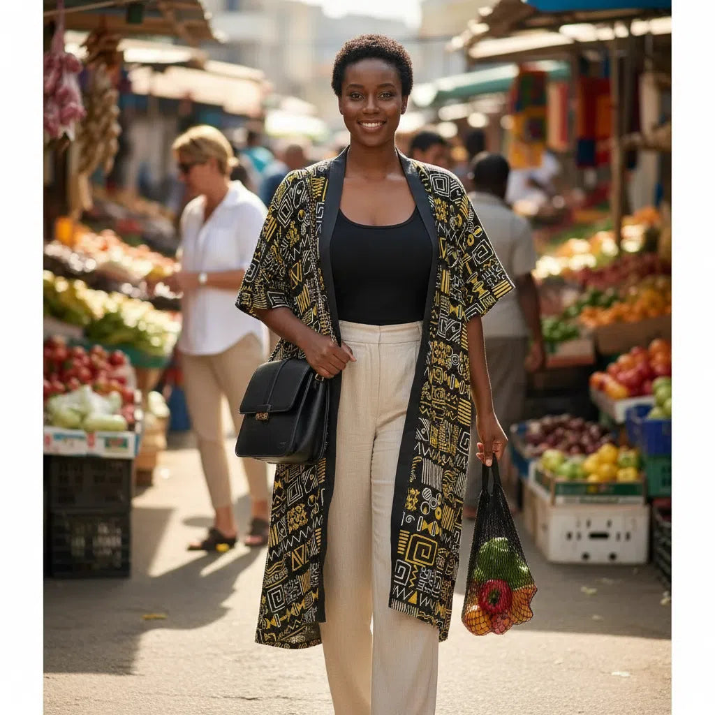 Kimono femme imprimé noir et jaune avec design africain