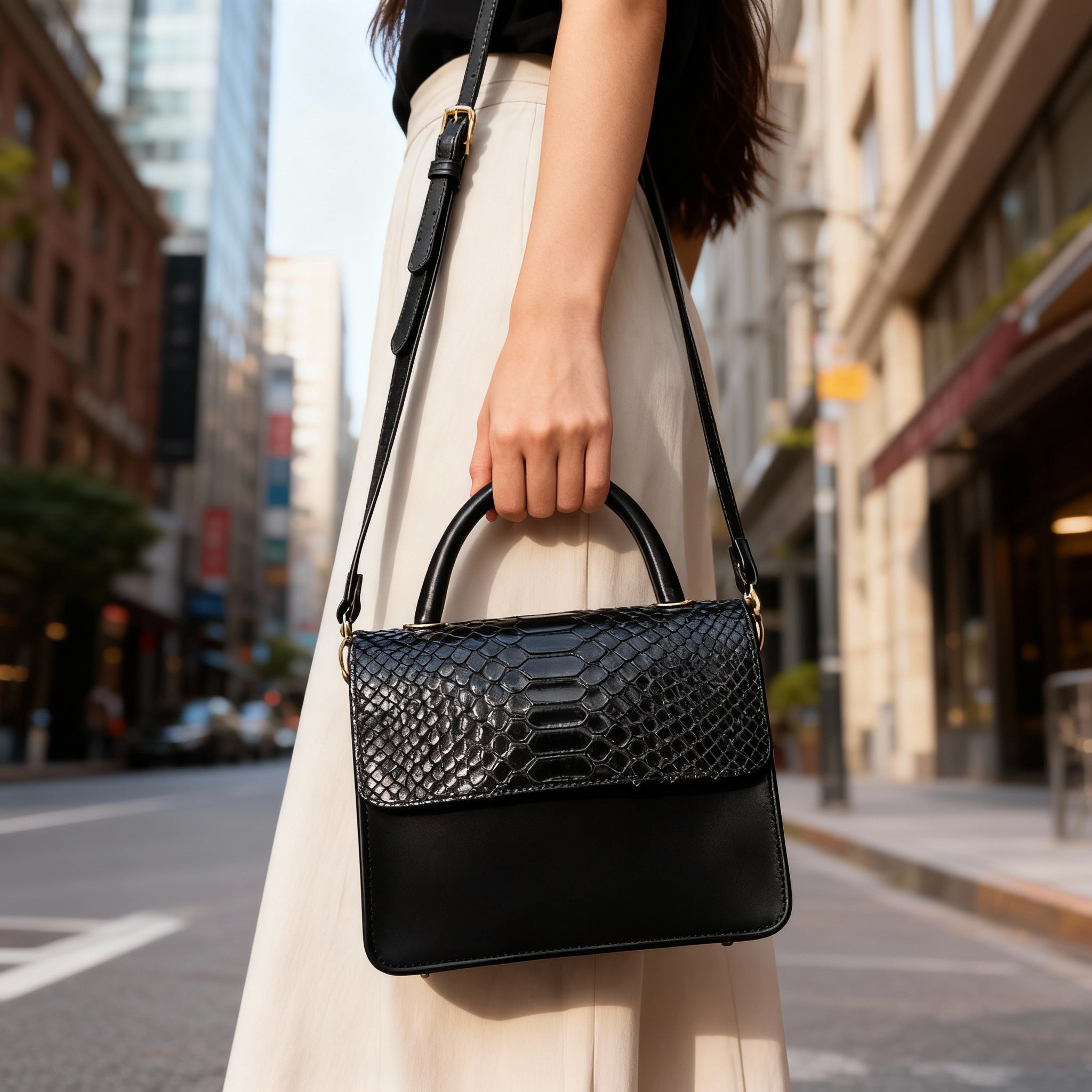 Sac à Main Femme Cuir Serpent Noir JC - Élégance Urbaine