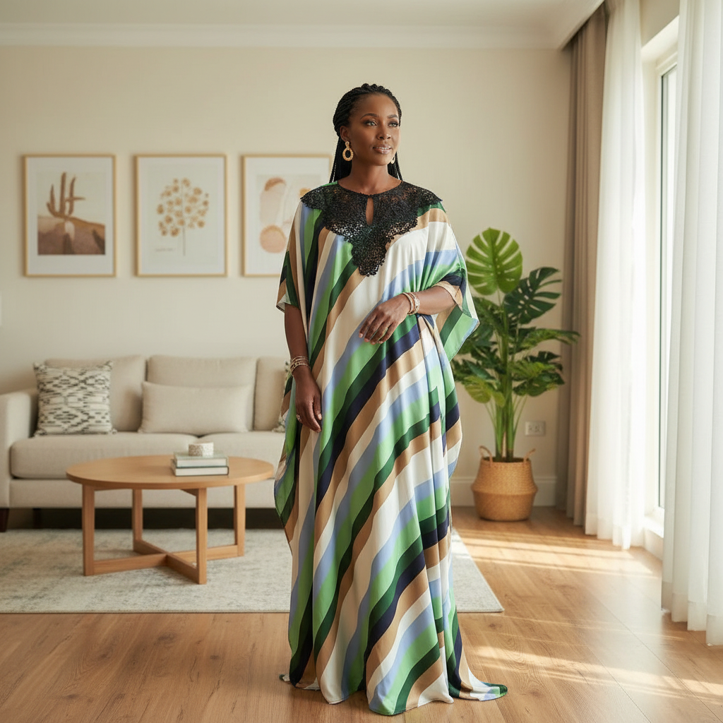 Robe boubou en soie avec rayures en bleu et vert