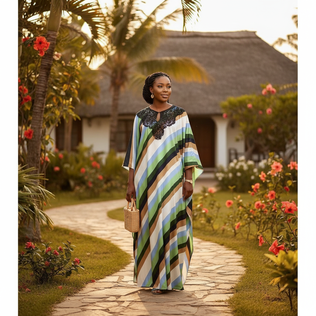 Robe boubou en soie avec rayures en bleu et vert