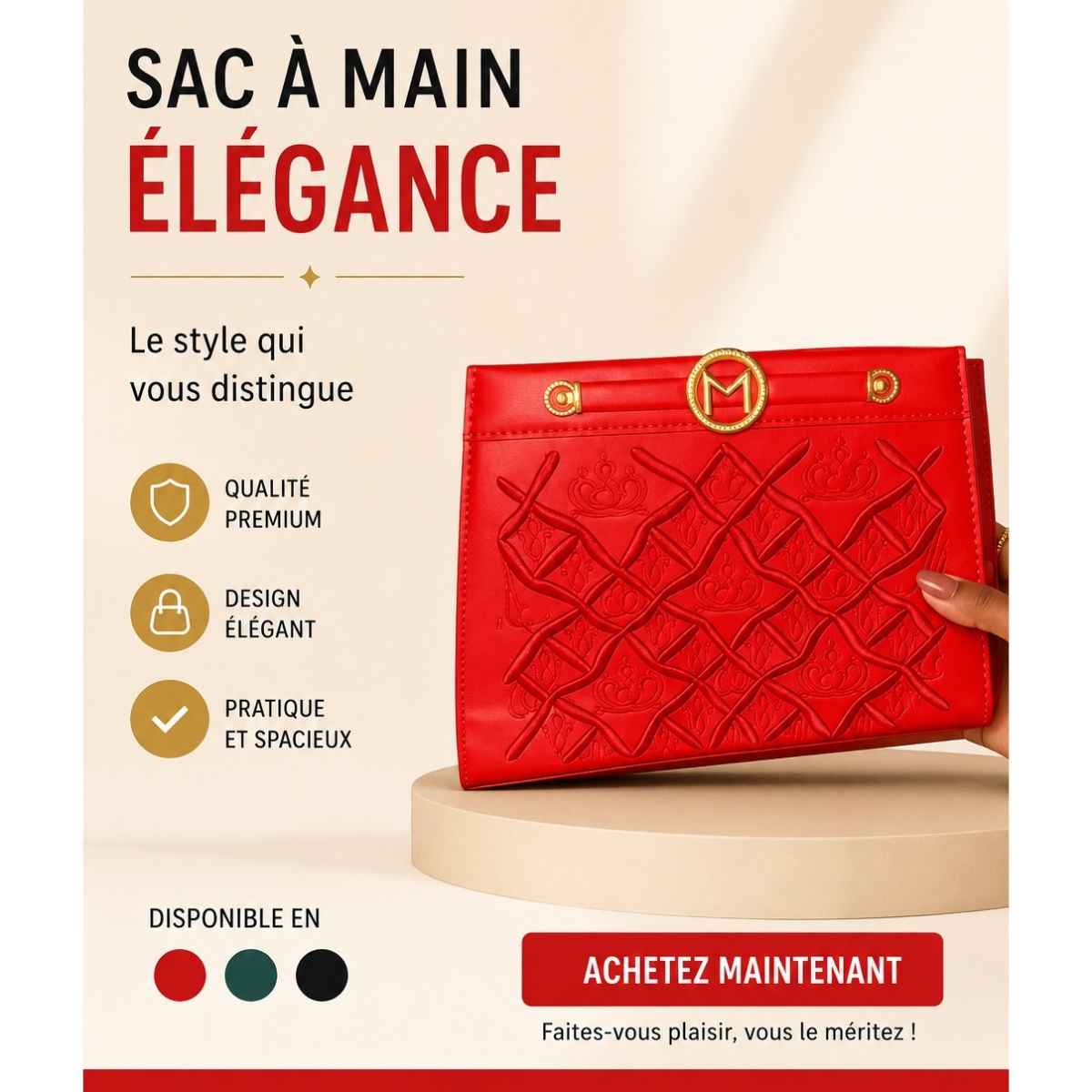 Sac à main femme élégant en cuir synthétique rouge, chic et spacieux