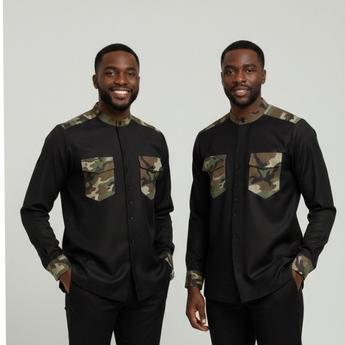 Chemise homme avec poche rabat et motifs militaires