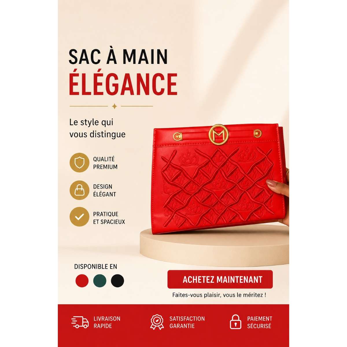 Sac à main élégant femme cuir synthétique, sacoche rouge chic ou noire