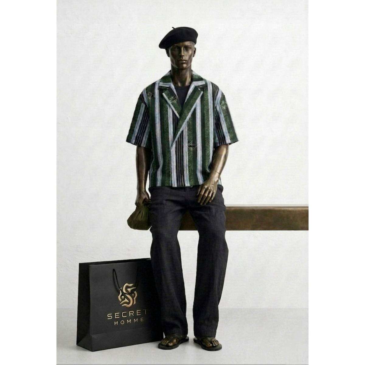 Ensemble SECRET HOMME chemise à rayures vertes et pantalon large noir chic