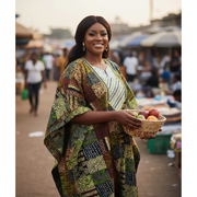 Boubou wax femme vert motifs en coton brodée