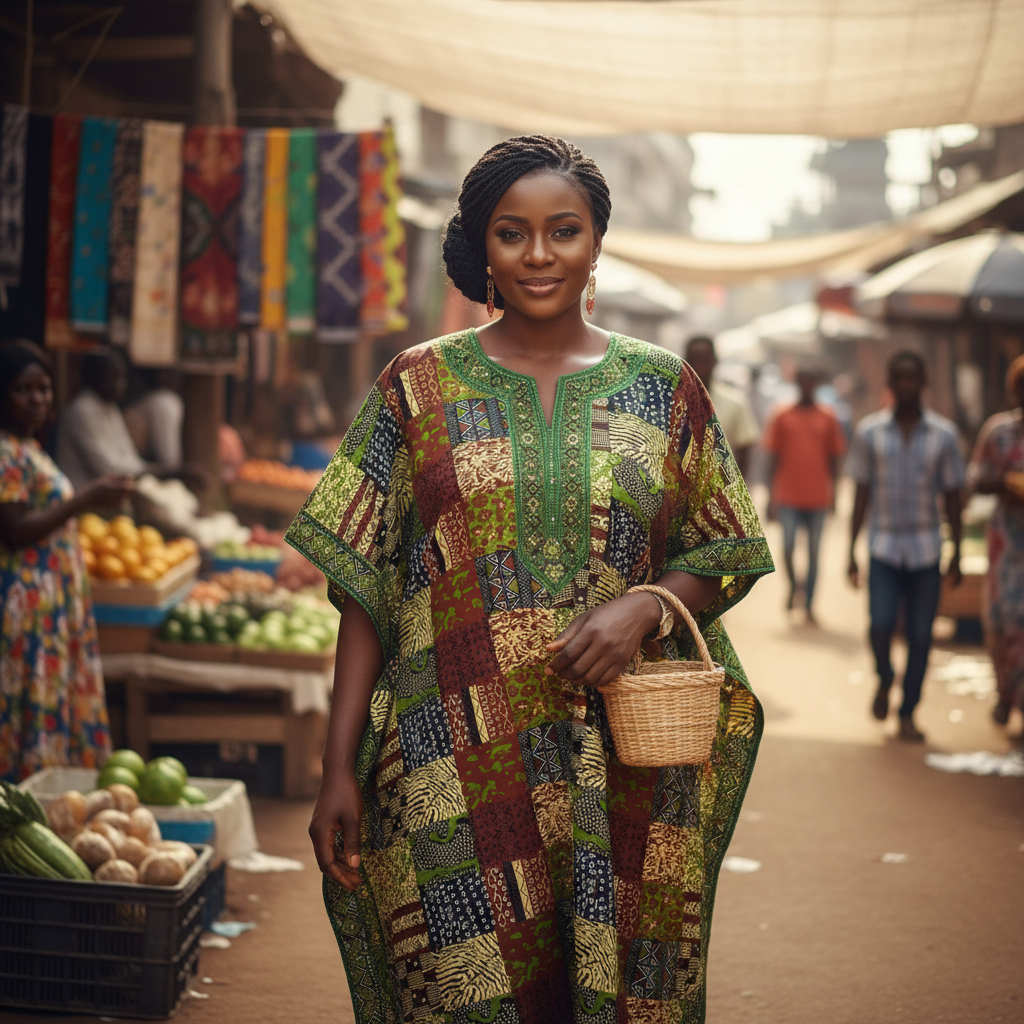 Boubou wax femme vert motifs en coton brodée