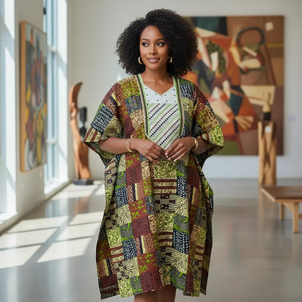 Boubou wax femme vert motifs en coton brodée