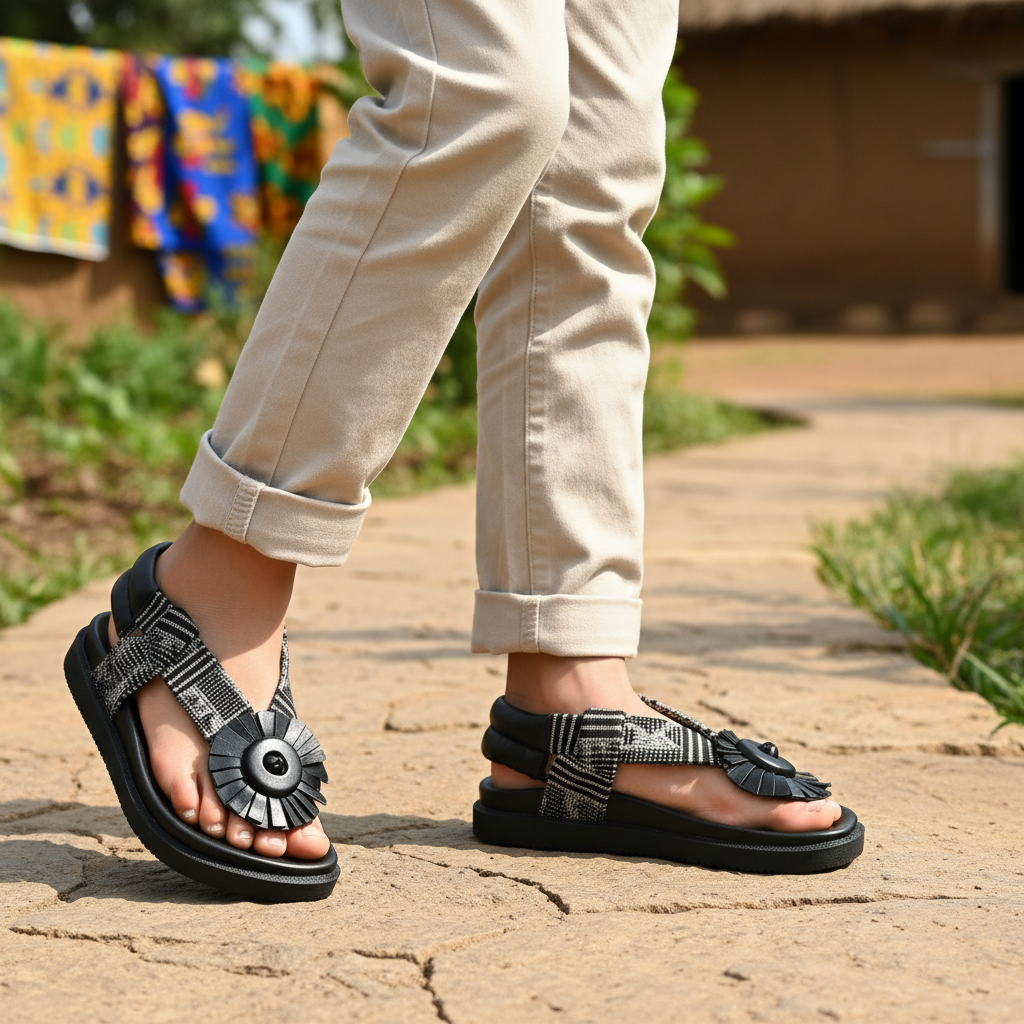 Chaussures enfant en cuir noir et pagne tissé (taille 37)